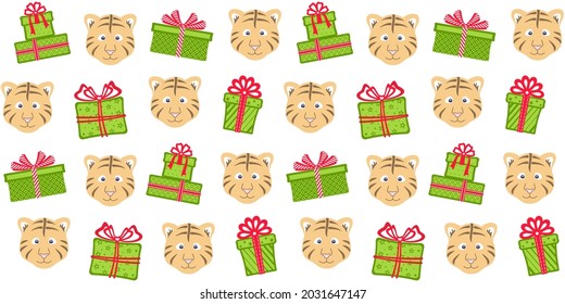 Endless texture with green gift boxes with red ribbons and bows and cute tiger face on a white. Vector seamless pattern for festive design, Christmas wallpaper, wrapping paper, giftwrap and packaging