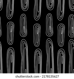 Endless texture pattern of hand drawn vertical elongated loops on a black square background. Used for printing on paper, fabric, packaging, wallpaper, wall art. Eps10.