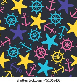 Endless texture, pattern of helm, anchor, starfish. Seamless vector for printing onto fabric, web page background and paper or invitation in nautical style.