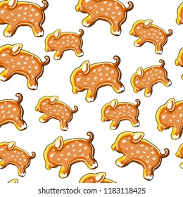 Endless texture with the pig symbol of the new 2019 year. isolate on white background. Christmas seamless vector pattern for your festive design, fabrics, wallpapers, greeting cards, wrappings.