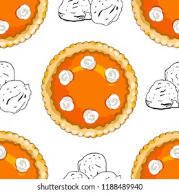 Endless texture with pumpkin pies. The theme of Pie Day and thanksgiving. For restaurant, cafe designs. Seamless vector pattern for your festive design, fabrics, wallpapers, greeting cards, wrappings.