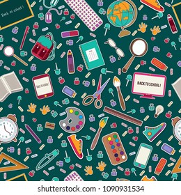 Endless texture, seamless pattern. background with school stationery