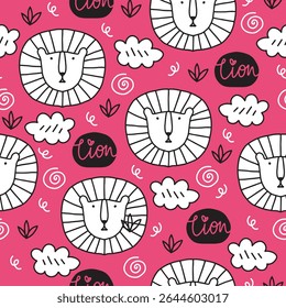 Endless texture with stylish lion portrait on pink background. Cartoon lion. Lion portrait for Textile, wallpaper, wrapping paper. Black and white hand drawn drawing. Doodles.