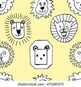 Endless texture with stylized portraits of lions. Cartoon lions. Portraits lions. Textile. Black and white drawing by hand. Children's art. Doodle.
