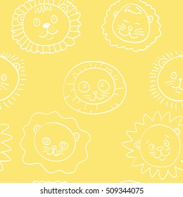 Endless texture with stylized portraits of lions. Cartoon lions. Portraits lions. Textile. Black and white drawing by hand. Children's art. Doodle.
