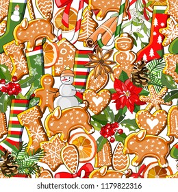 Endless texture with traditional Christmas symbols. Seamless vector pattern for your festive design, fabrics, wallpapers, greeting cards, wrappings.wrappings.