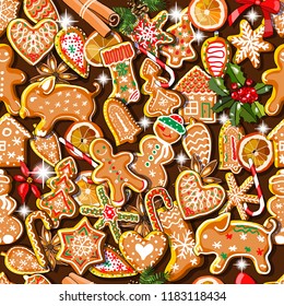 Endless texture with traditional Christmas symbols. Seamless vector pattern for your festive design, fabrics, wallpapers, greeting cards, wrappings.