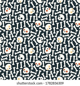 Endless texture with  white bones and skulls with lighting eyes on a dark blue background. Festive flat vector illustration. Seamless repeat pattern for Halloween design.