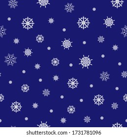 Endless texture of white snowflakes in various scale on the blue background. Decorative beautiful wrap for seasonal design of cards, gifts, package. Vector illustration