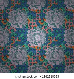 Endless texture for wrapping, textiles, paper in green, orange and blue colors. Raster floral seamless pattern. Soft design.