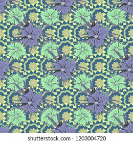 Endless texture for wrapping, textiles, paper in blue, green and orange colors. Vector floral seamless pattern. Soft design.