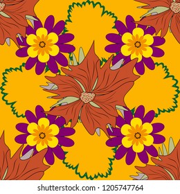 Endless texture for wrapping, textiles, paper in purple, yellow and orange colors. Vector floral seamless pattern. Soft design.