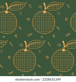Endless textured orange fruit pattern on dark green background. Orange shapes with gauze texture overlay, original surface design for fabrics, paper and plastic.
