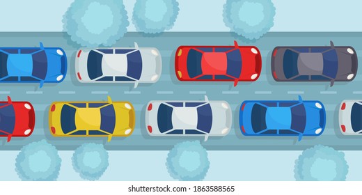 Endless traffic jam on snowy and icy road in winter, top view. Rush hour in winter city in morning or evening time. Traffic congestion. Vector illustration, flat design, cartoon style.