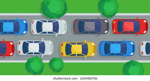 Endless Traffic Jam. Rush Hour In City In Morning Or Evening Time. Traffic Congestion. Vector Illustration, Flat Design, Cartoon Style, Top View.