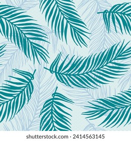 Endless tropical palm leaves vector pattern. Floral design over waves texture backdrop. Trendy palm tree branches illustration. Plant leaves nature pattern. Contrast foliage wrapper.