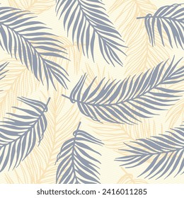 Endless tropical palm leaves vector pattern. Botanical elements over waves texture backdrop. Organic palm tree leaves illustration. Herbarium leaves greenery design. Thailand holiday print.