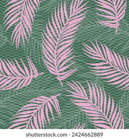 Infinitas hojas de palma tropical patrón vector. Diseño botánico sobre fondo de textura de ondas. Ilustración de ramas de palmera de moda. Herbario deja un patrón de primer plano. Estampado de tela de palma real.