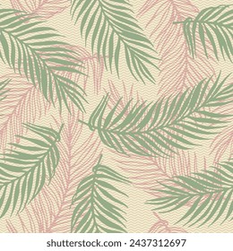 Endless tropical palm leaves vector pattern. Floral design over waves texture backdrop. Abstract palm tree leaves wallpaper. Herbarium leaves summer design. Botany decorative print