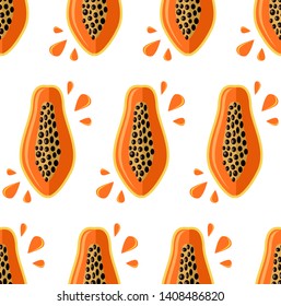 Endless tropical pattern with flat orange papaia on white background. Seamless modern ornament for wallpaper, fabric textile, fashion clothing, apparel, wrapping paper, graphic print design