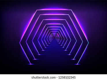 Endless tunnel optical illusion, science fiction rocket launching runway or teleport illuminating fluorescent neon light realistic vector illustration. Abstract futuristic background with light effect
