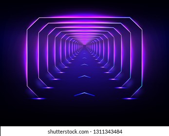 Endless tunnel optical illusion, spaceship corridor, science fiction rocket launching runway or teleport illuminating fluorescent neon light realistic. Abstract futuristic background with light effect