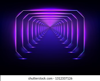 Endless tunnel optical illusion, spaceship corridor, science fiction rocket launching runway or teleport illuminating fluorescent neon light realistic. Abstract futuristic background with light effect