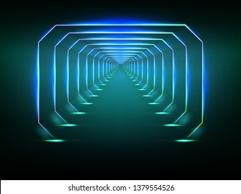 Endless tunnel optical illusion, spaceship corridor, science fiction rocket launching runway or teleport illuminating fluorescent neon light realistic. Abstract futuristic background with light effect