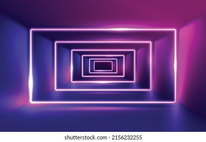 Endless tunnel optical illusion, spaceship corridor, science fiction rocket launching runway or teleport illuminating fluorescent neon light realistic. Abstract futuristic background with light effect