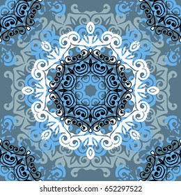 Endless turquoise background with ethnic ornaments with mandalas.  Floral wallpaper. Decorative ornament for fabric, textile, wrapping paper. 