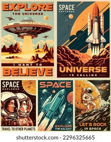 Endless universe colorful set posters with UFO and space shuttles near astronaut playing rock music on guitar vector illustration