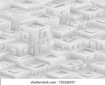 Endless urban landscape of houses with strange elements, bulges and grooves. Isometric vector seamless illusion in the style of cubism.