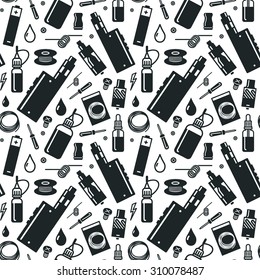 Endless vape background. Isolated on white background. Vape vector illustration. Vape trend. Illustration of Electronic cigarette. Vector seamless pattern of vaporizer and accessories