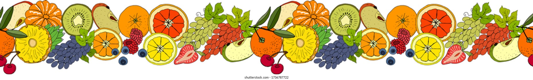 Endless vector hand drawn border with fruits and berries.Texture for season summer design, announcements, cards, posters, restaurant menu.
