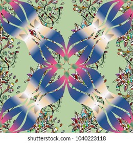 Endless Vector illustration. Cartoon trace doodles New Year season seamless pattern. Graphics detailed, with lots of objects neutral, blue and beige colors.