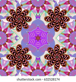Endless Vector illustration. Cartoon trace doodles New Year season seamless pattern. Graphics detailed, with lots of objects violet background.