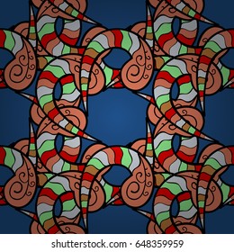 Endless Vector illustration. Cartoon trace doodles New Year season seamless pattern. Graphics detailed, with lots of objects on blue background. 