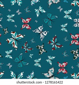 Endless. Vector illustration. Repeat print. A seamless background pattern with tender teal in black, blue and white abstract watercolor butterflies.