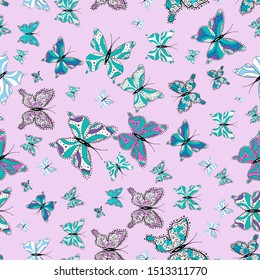 Endless. Vector illustration. Repeat print. A seamless background pattern with tender teal in blue, neutral and white abstract watercolor butterflies.
