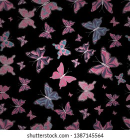 Endless. Vector illustration. Sketch, doodle, scribble. Cute girly seamless pattern drawn by hand. Repeated butterflies.