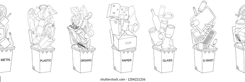Endless vector outline pattern. Trash cans with sorted garbage set. Different types of garbage: Organic, Plastic, Metal, Paper, Glass, E-waste. Concept of Recycles Day and ecology