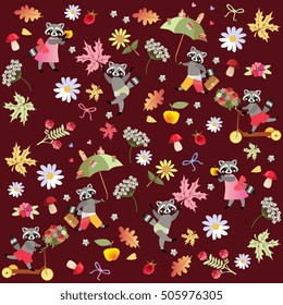 Endless vector pattern with cute cartoon raccoons, flowers, raspberries, mushrooms, leaves and apples. Drawing for children. 