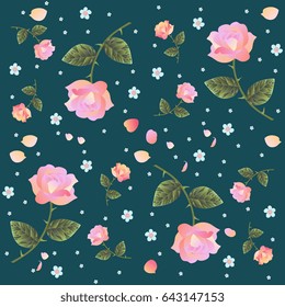 Endless vector pattern with roses and forget me not flowers isolated on dark background. Retro style.