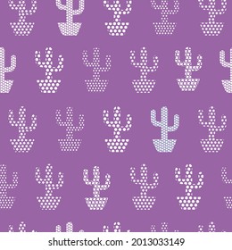 endless vector pattern of silhouettes of cacti from dots, stars. Amethyst, purple color background