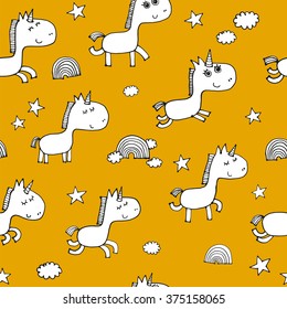 endless vector pattern with unicorns, clouds, stars and rainbows. hand drawn seamless doodle pattern