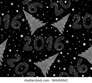 Endless vector seamless pattern with handwritten text "2016" and snowflakes, Christmas trees. You can use any color of background