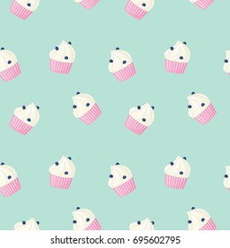 Endless vector seamless retro pattern of blackberry cupcakes with cream on a light blue background. Can be used in web design, printed on fabric/paper, as a background, or as element in composition.