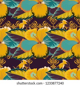 Endless vector texture for romantic design, decoration, greeting cards, posters, for textile print and fabric. Floral seamless pattern with bright summer flowers in brown, blue and yellow colors.