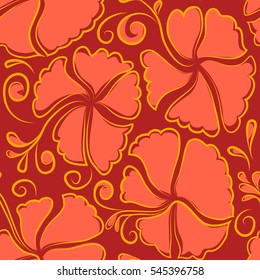 Endless vector texture for romantic design, decoration, greeting cards, invitations, for textile print and fabric. Floral seamless pattern with bright summer hibiscus flowers in red and orange colors.