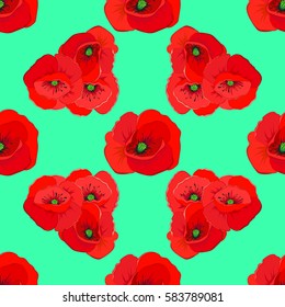 Endless vector texture for romantic design, decoration, greeting card, posters, invitations, wrapping, for textile print, fabric. Floral seamless pattern with bright summer flowers on green background